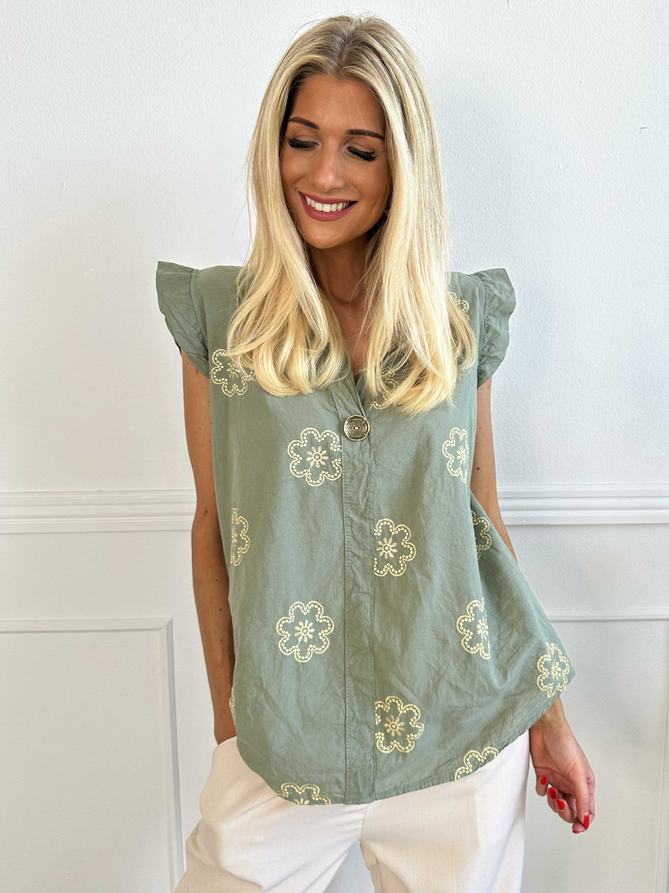 Kreta - Sød tunika i bomuld med blomster og flæseærmer